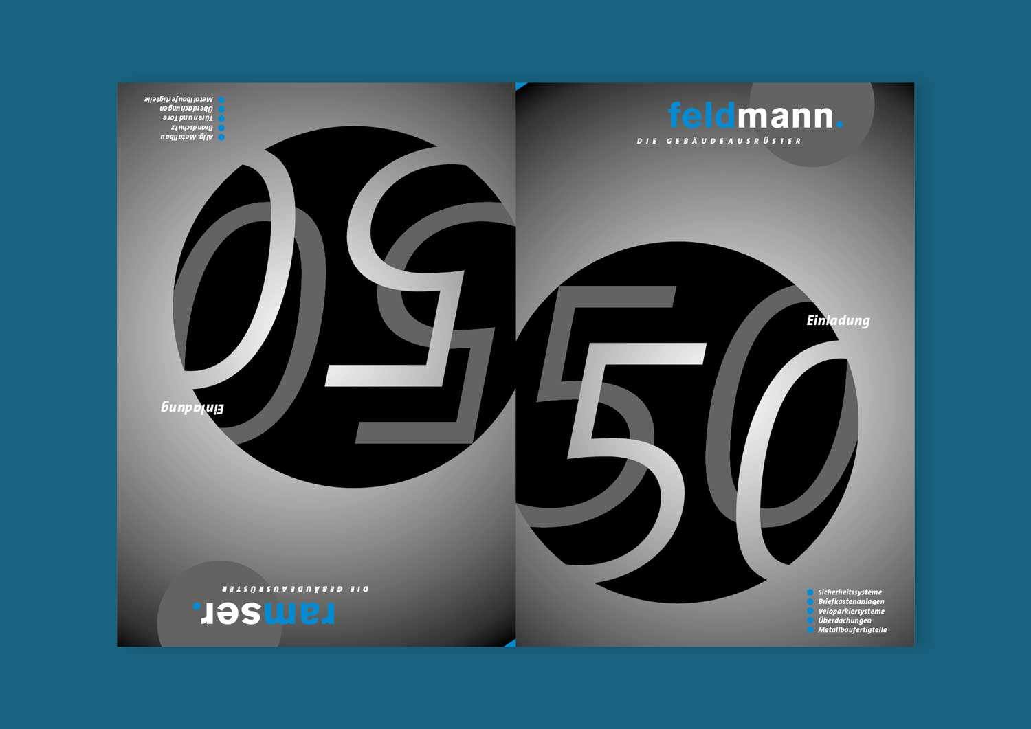 Front- und Rückseite der Einladungskarte zum 50-Jahr-Jubiläum (Text und Konzept: P-ART, Gestaltung: Ricco Meierhofer)