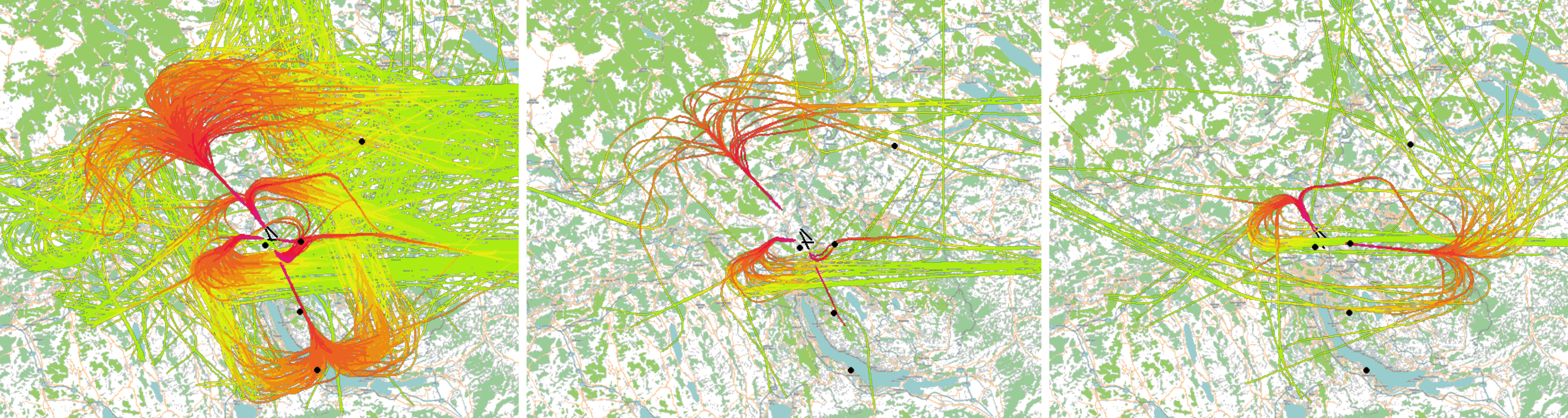 Visualisierung der Anflüge und Abflüge Flughafen Zürich