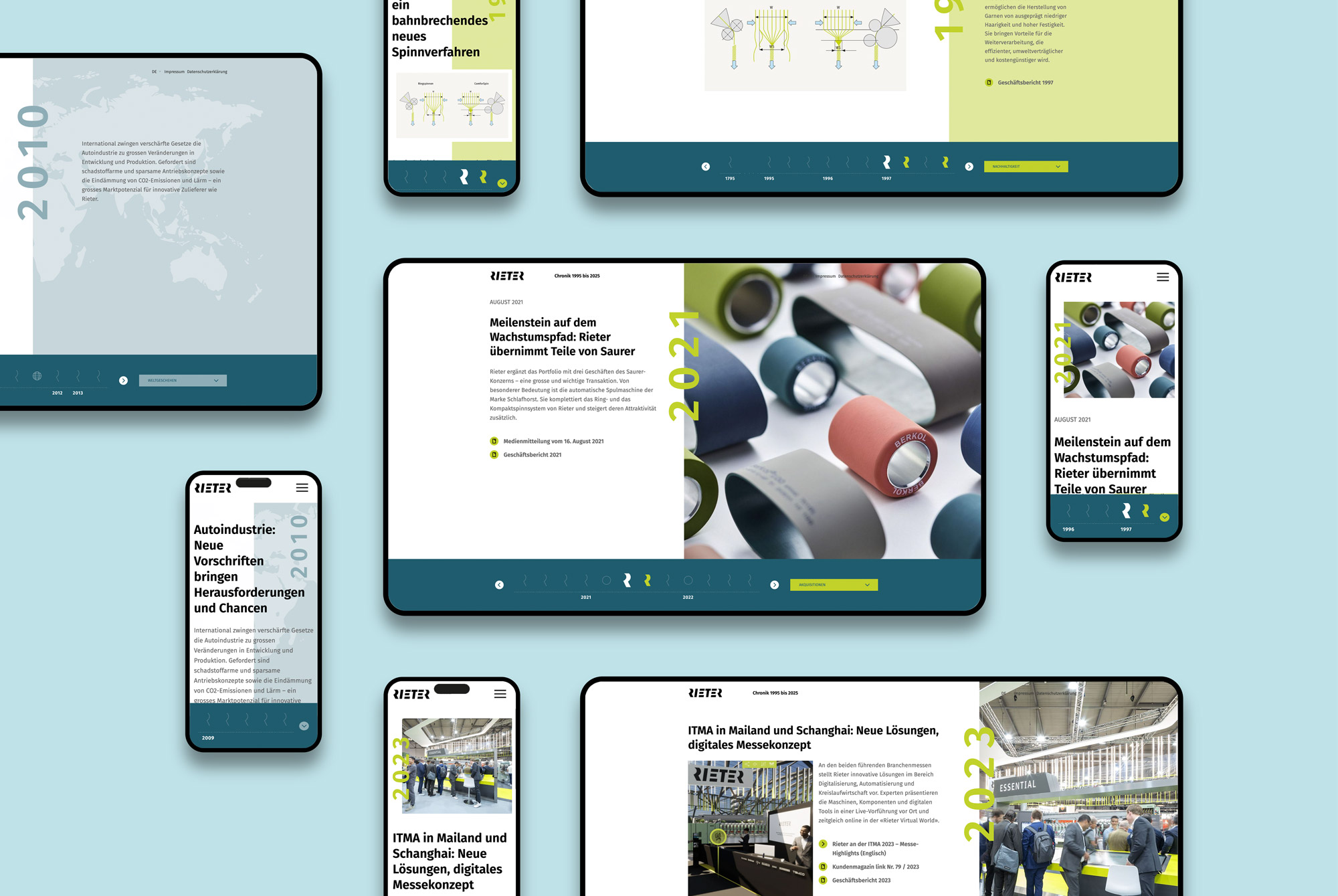 Impressionen zur digitalen Rieter-Chronik, dargestellt auf Bildschirmen von Smartphones und Desktops