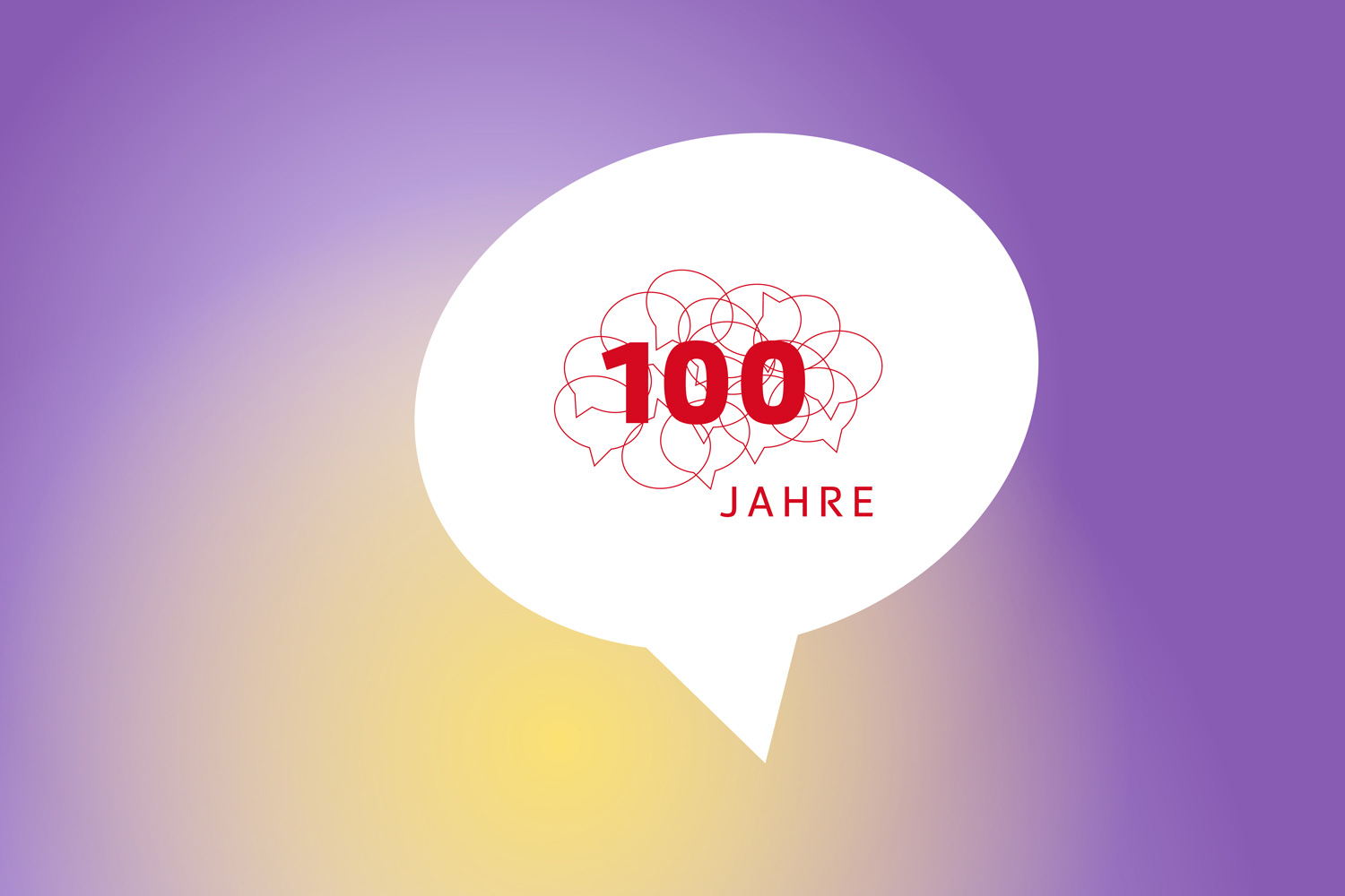 Logo zum 100-Jahr-Jubiläum, Vernetzung und Verbreitung von Nachrichten visuell dargestellt durch Netz aus Sprechblasen in Form eine Hirns