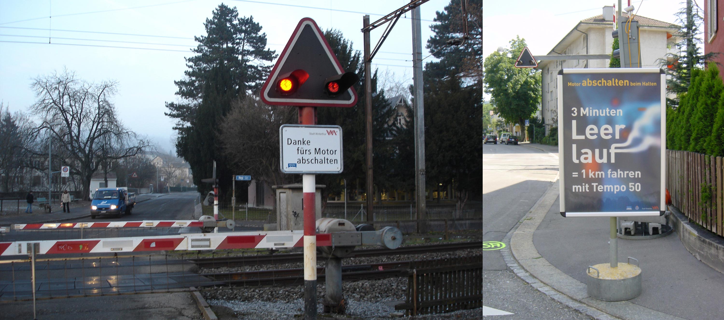 Schilder an Bahnübergängen und Ampeln fordern auf, den Motor bei Halten abzuschalten.