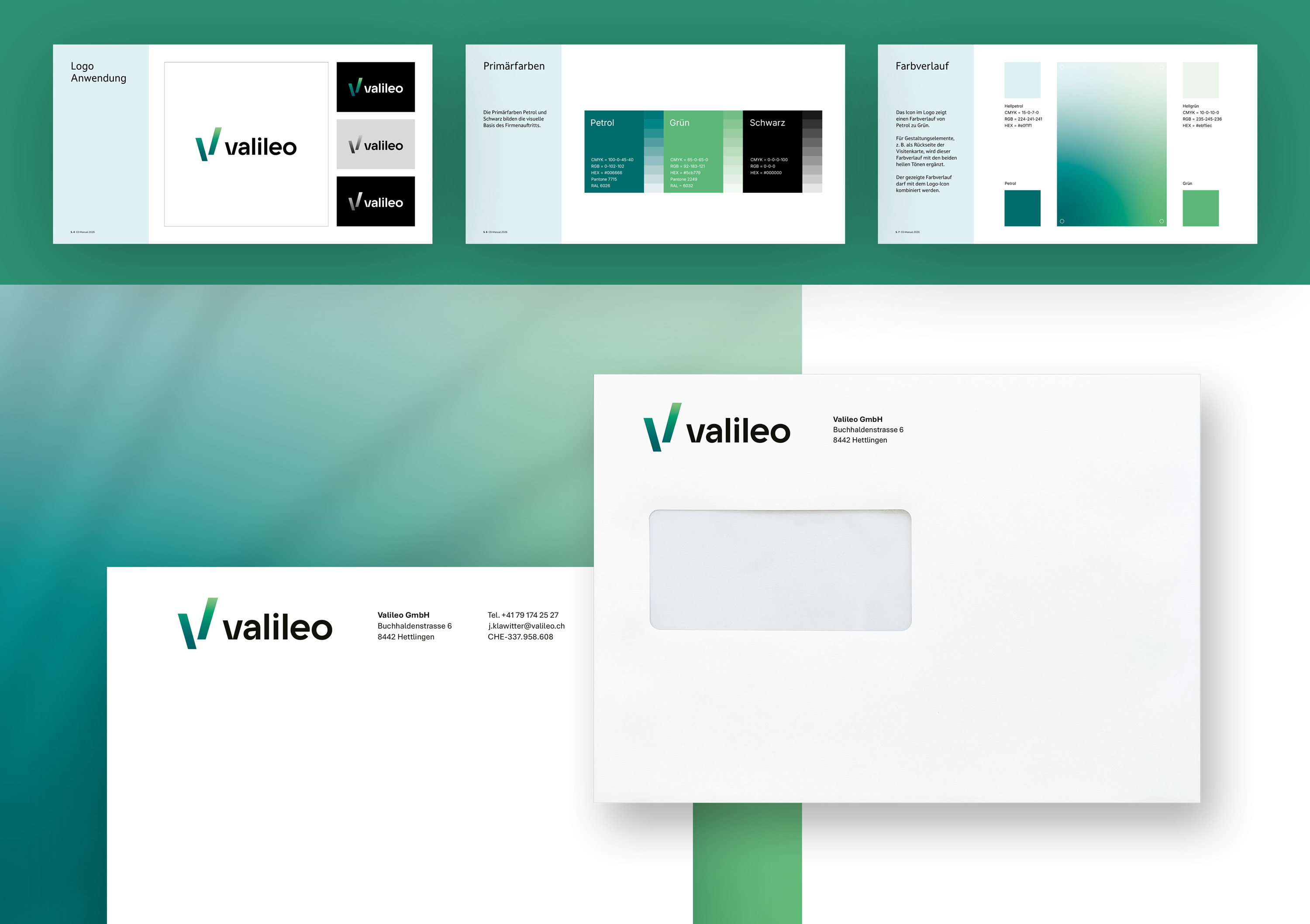 CD-Manual Auszug mit Logo Anwendung, Farbdefinitionen, Verlauf Beschreibung und Briefschaft